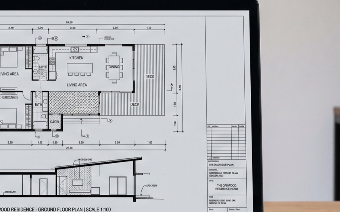 A ground floor plan open on a laptop, at the scale an estimator reads it
