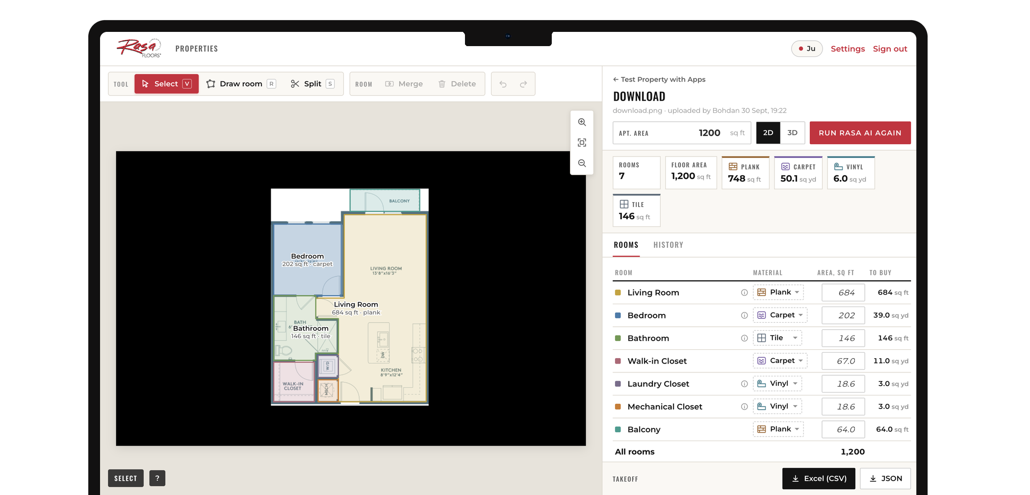 Rasa Floors measurement tool on a laptop: a 2D floor plan with each room outlined and measured, and a table of room areas and flooring materials