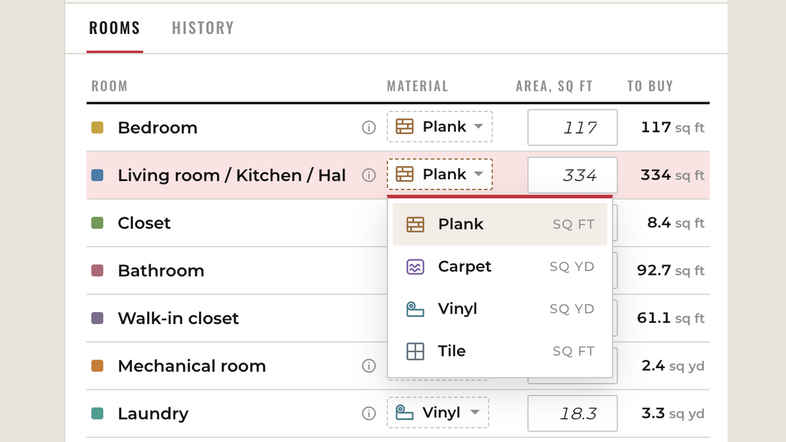 Floor plan measurement tool, step 04: Pick materials & get quantities
