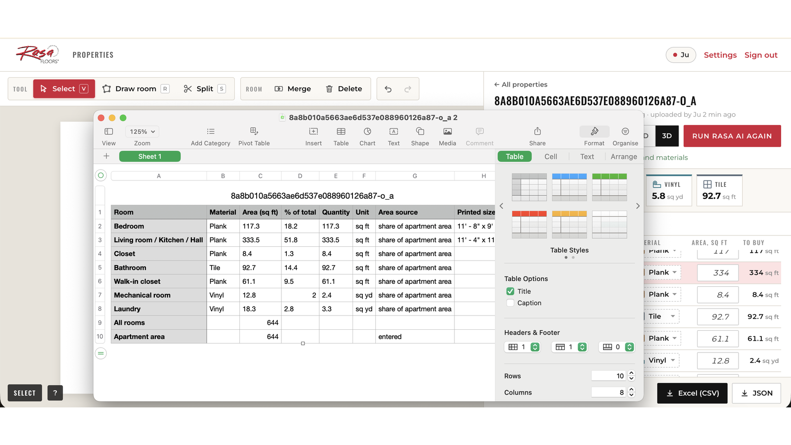 Floor plan measurement tool, step 05: Export to Excel