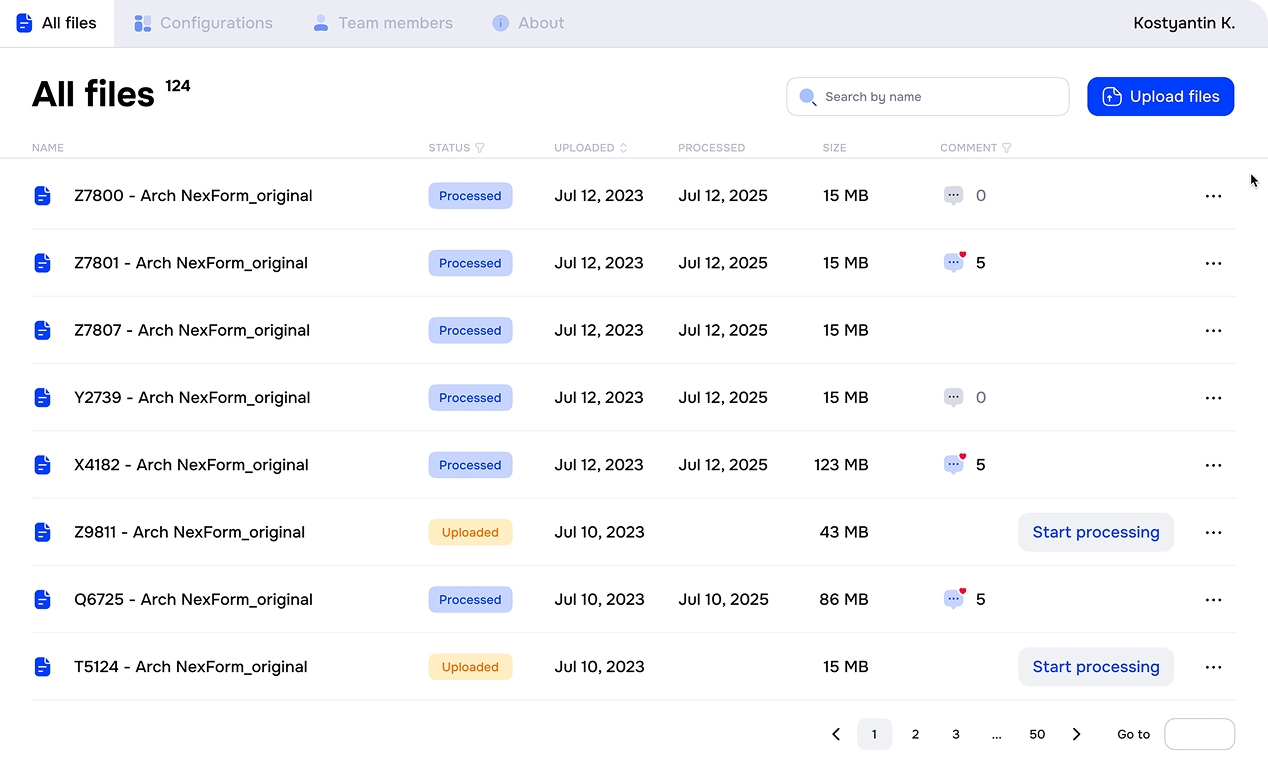 The Archiscan file list: uploaded construction sets with their processing status
