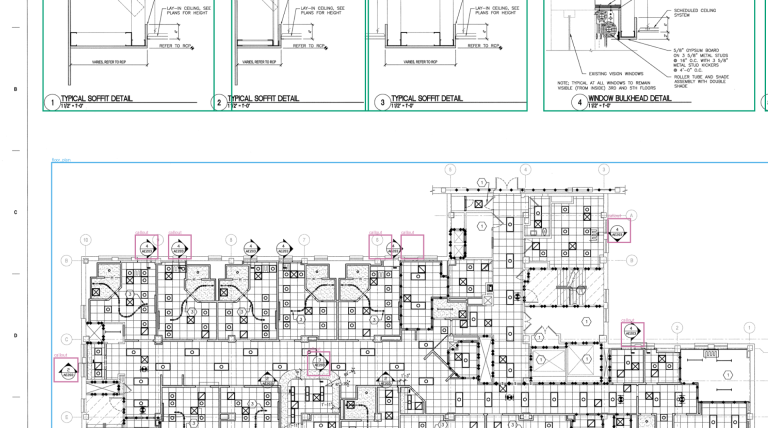 An architectural sheet with a floor plan boxed in blue, soffit and bulkhead details boxed in green, and callout bubbles boxed in pink.