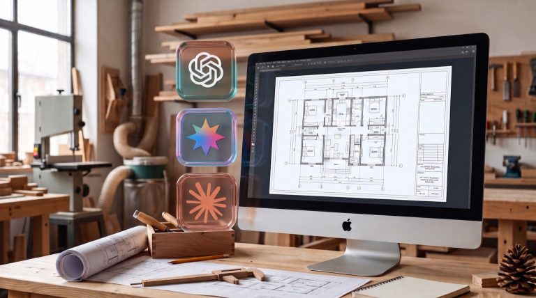 OpenAI, Gemini and Claude icons beside an architectural floor plan on a monitor in a millwork shop, with rolled drawings on the workbench