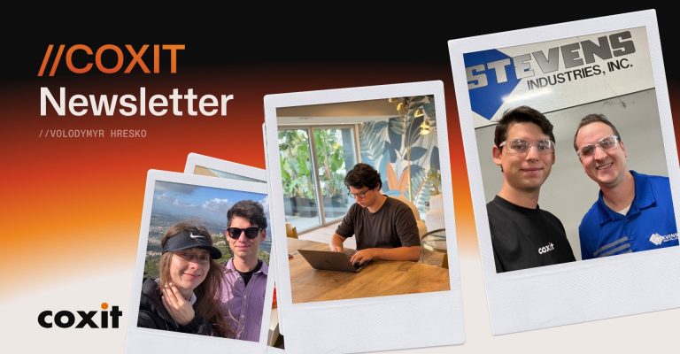 COXIT Newsletter — polaroid photos of the team at work and on site at Stevens Industries