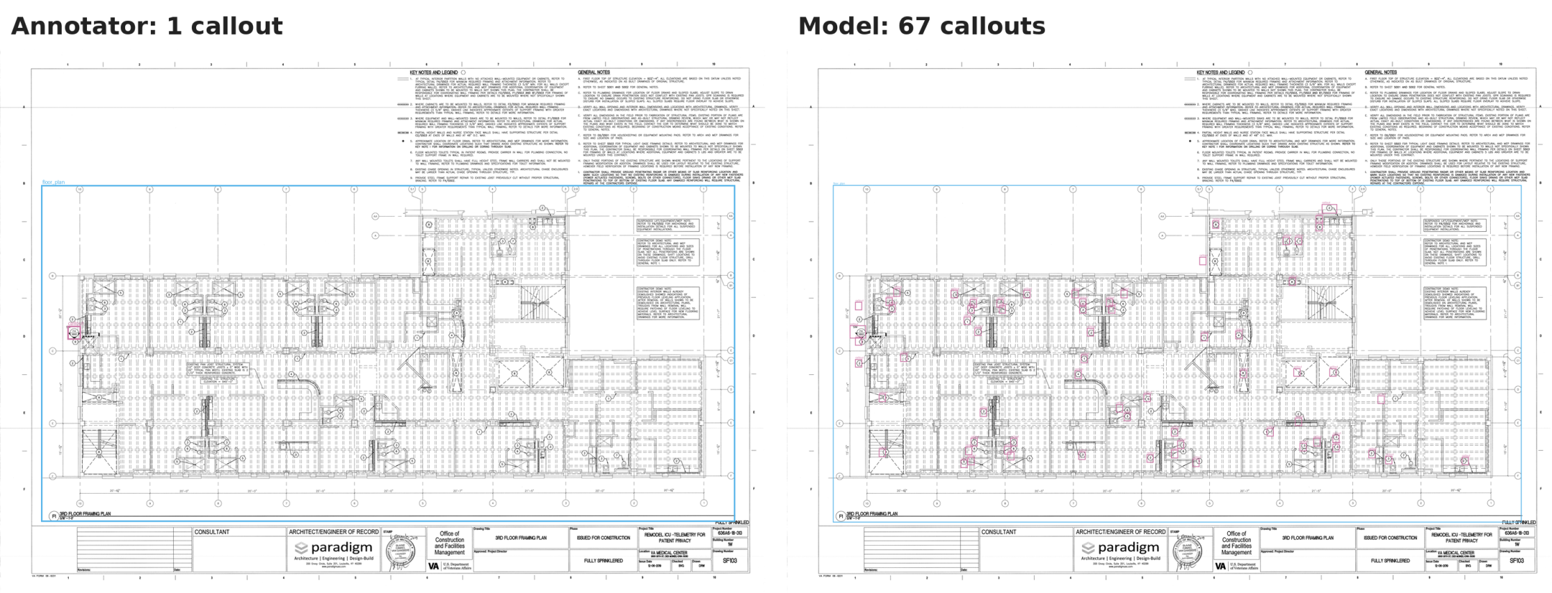 The same floor framing plan side by side: the annotator marked 1 callout, while the model drew 67 callout boxes across the sheet.