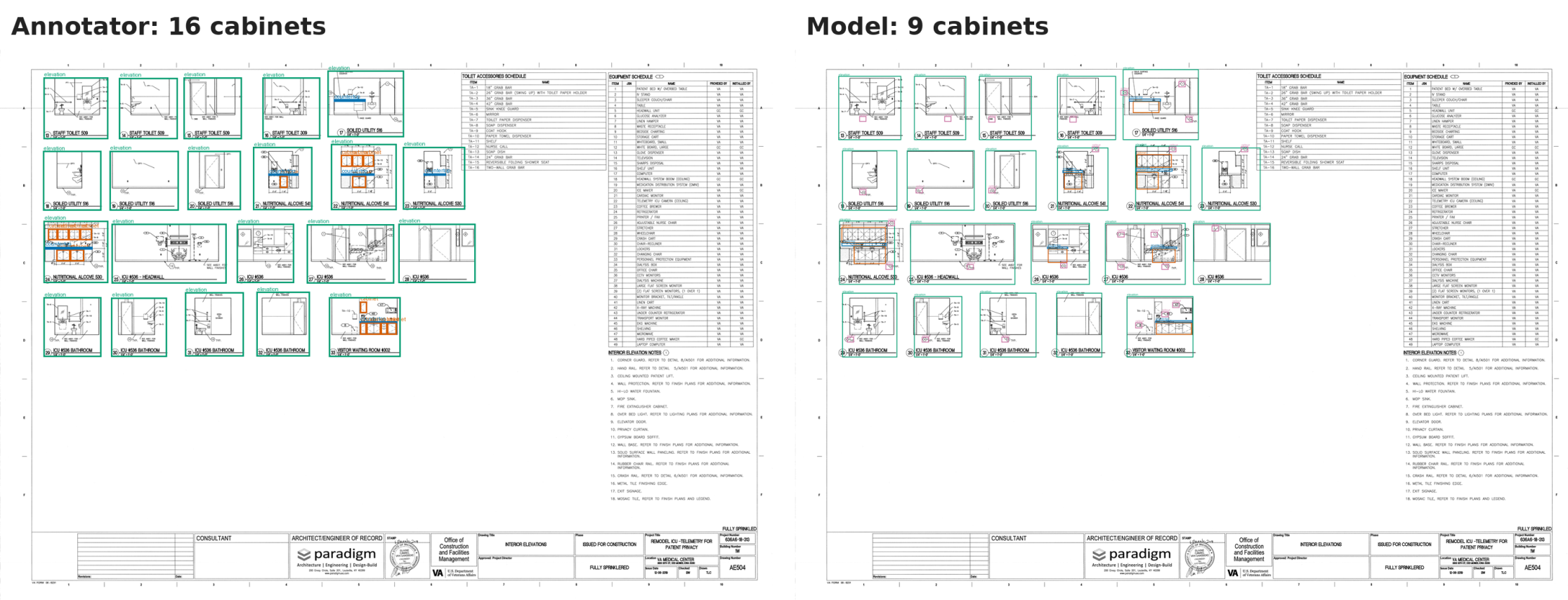 An interior elevations sheet: the annotator marked 16 cabinets and the model found only 9.