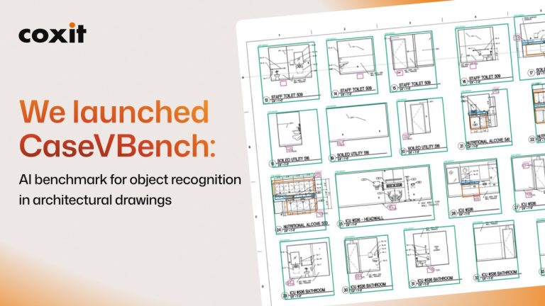 We launched CaseVBench: an AI benchmark for object recognition in architectural drawings, shown over an interior elevation sheet with detected objects boxed.