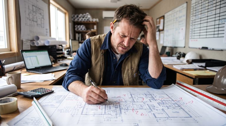 An estimator scratching their head over an architectural floor plan marked with red question marks, with a calculator and a scale ruler on the desk.