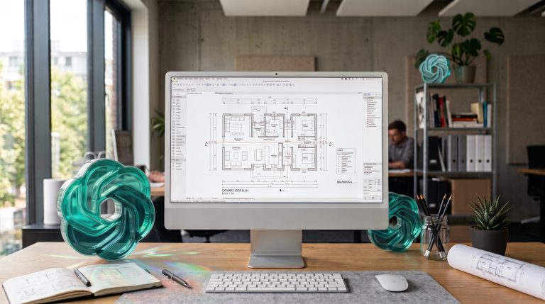 An architect's workstation with a residential floor plan open in CAD software on a large monitor, a rolled drawing set and a notebook of hand sketches on the desk.