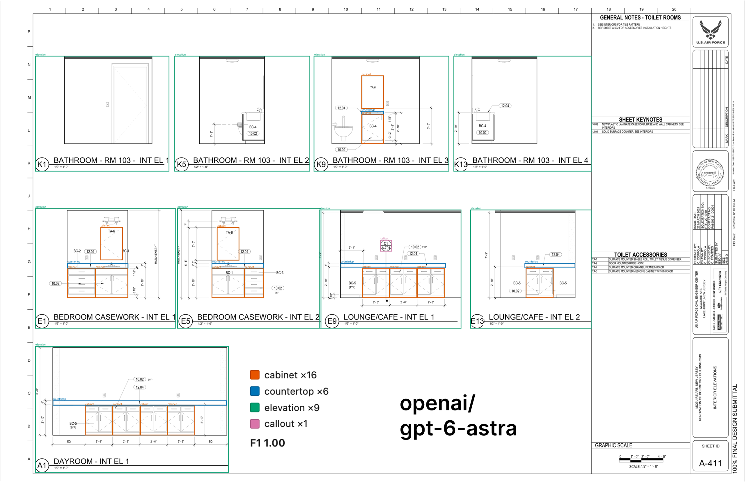 The same sheet A-411 marked by GPT-6 Astra, returning the same 16 cabinets, 6 countertops, 9 elevations and 1 callout as the expert.