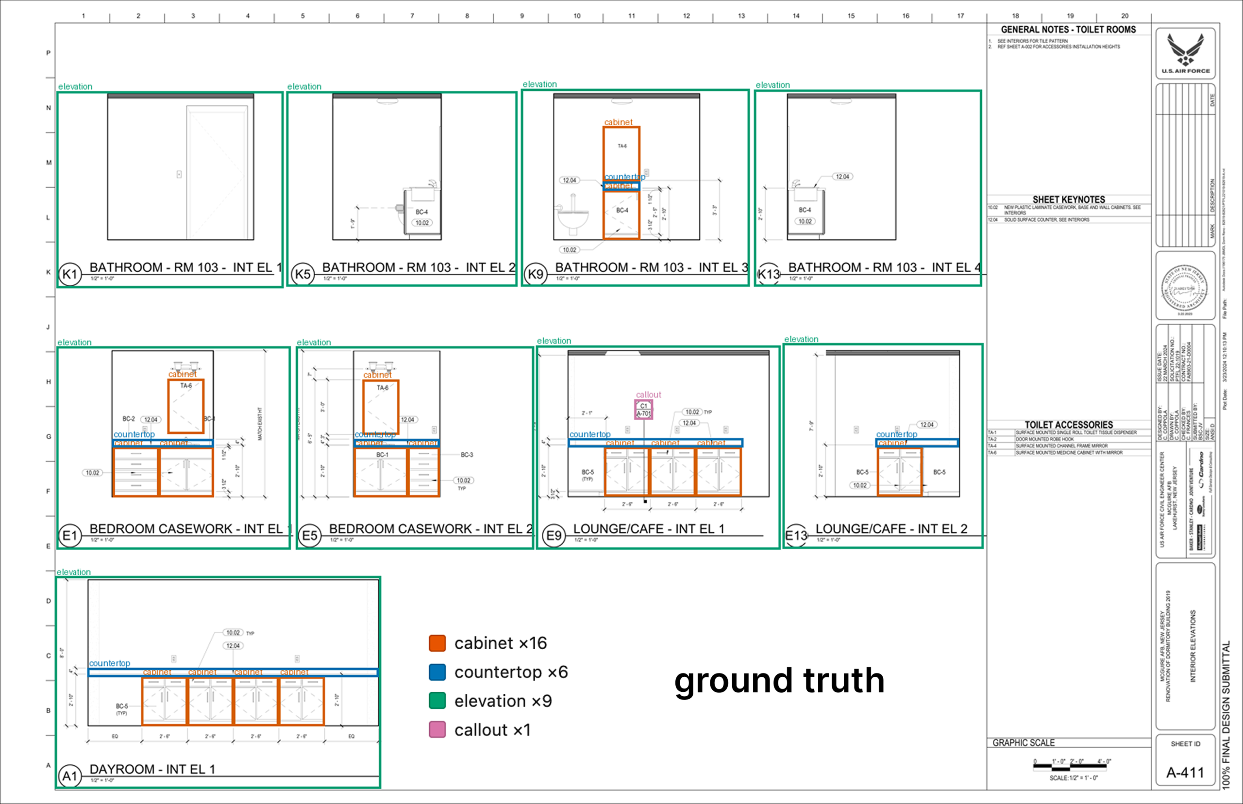 Interior elevations sheet A-411 with every object boxed by hand and colour-coded: 16 cabinets, 6 countertops, 9 elevations and 1 callout.