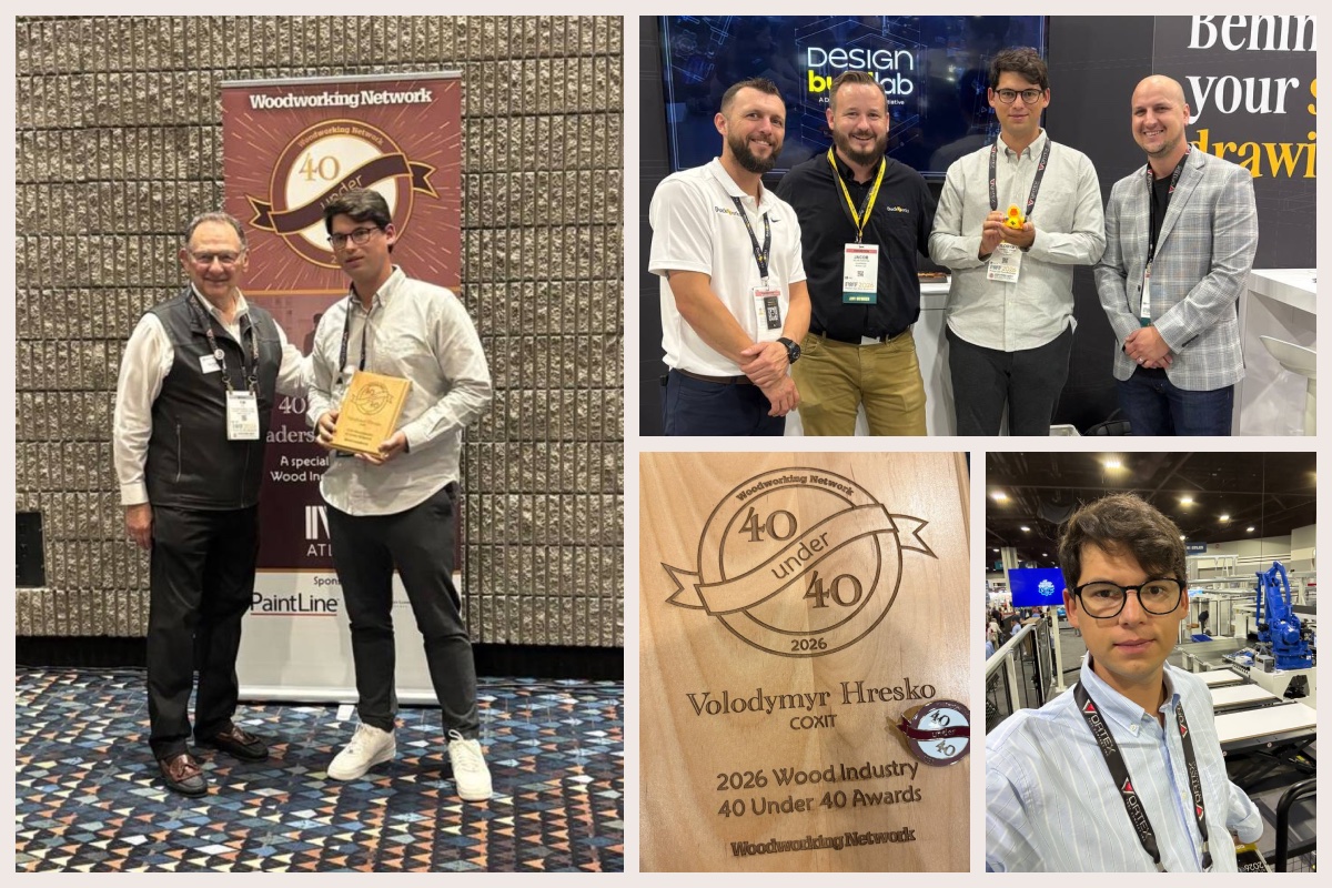 Volodymyr Hresko receiving the 2026 Wood Industry 40 Under 40 award at IWF Atlanta, the engraved award plaque, a group photo at a booth, and a selfie on the show floor.