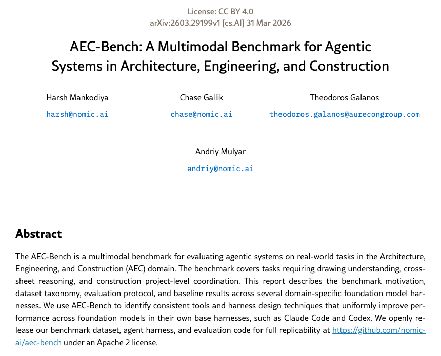 AEC-Bench paper by Nomic AI: a multimodal benchmark for AI agents in architecture, engineering and construction.