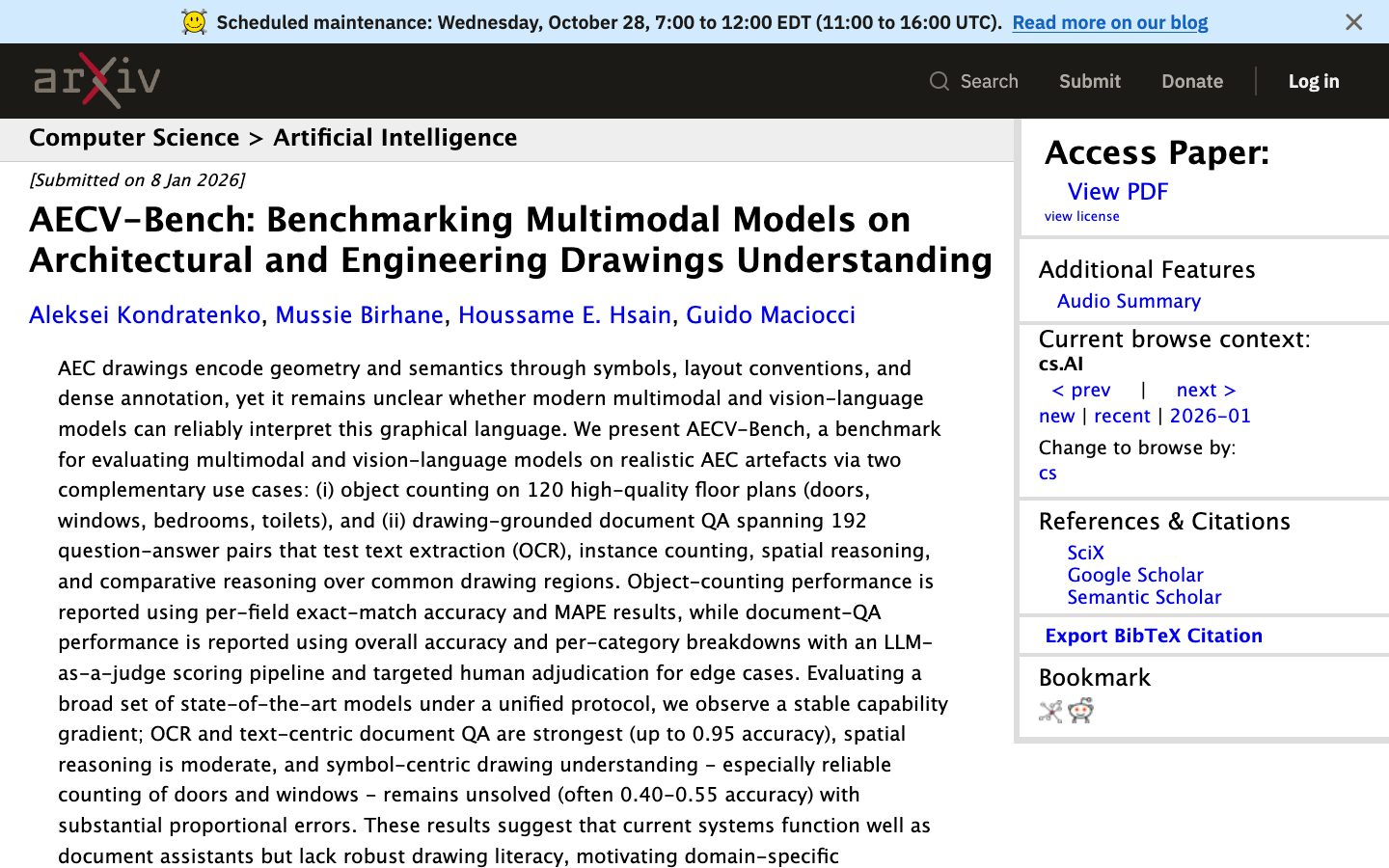 AECV-Bench paper on arXiv: benchmarking multimodal models on architectural and engineering drawings.