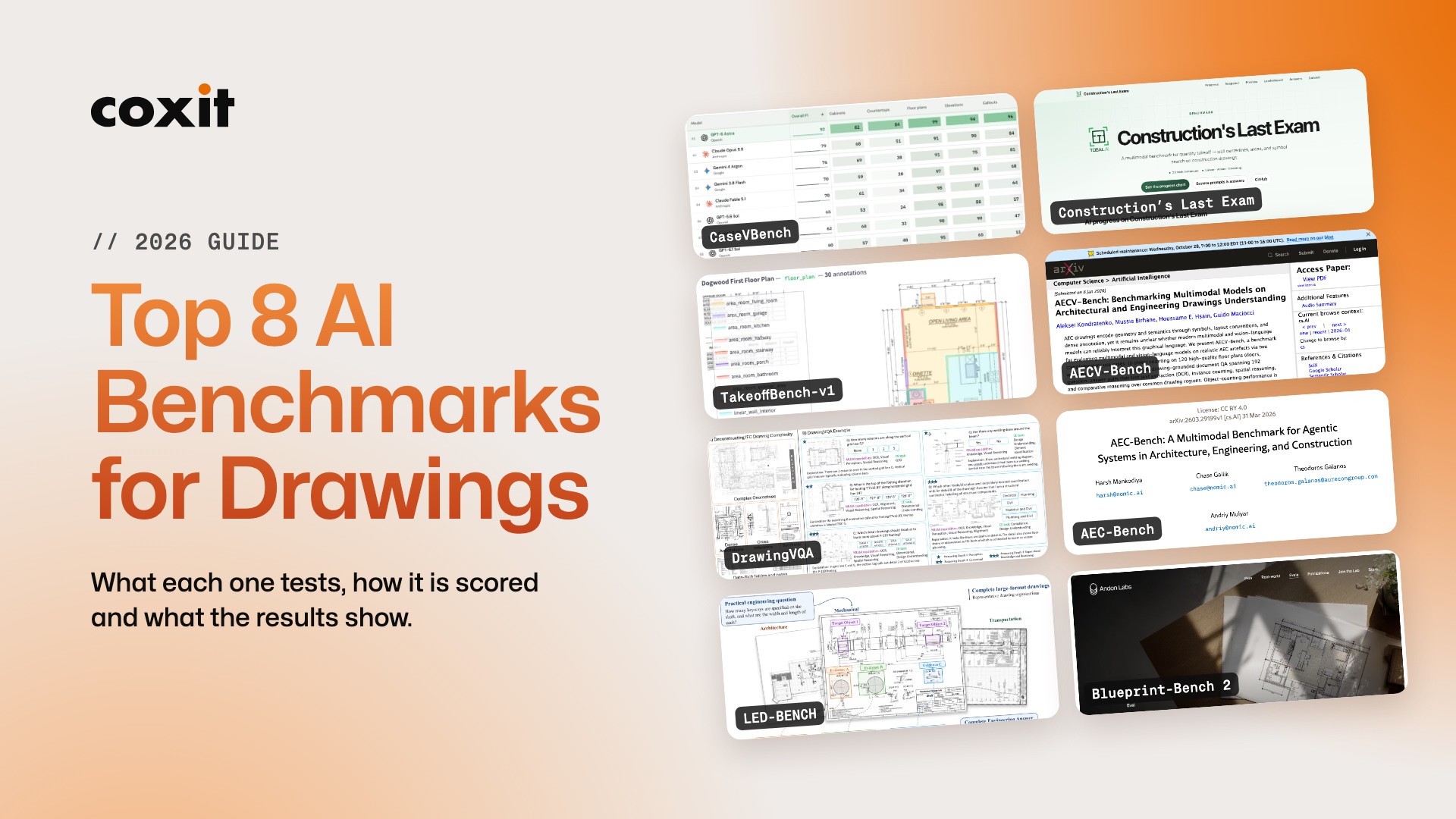 Top 8 AI benchmarks for drawings: CaseVBench, Construction’s Last Exam, TakeoffBench-v1, AECV-Bench, DrawingVQA, AEC-Bench, LED-BENCH and Blueprint-Bench 2