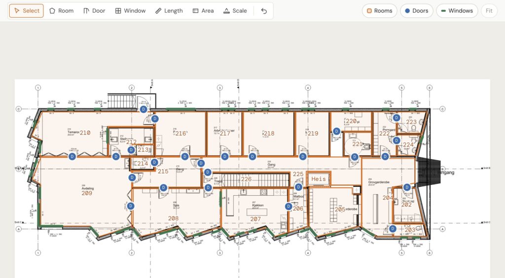 COXIT Room Takeoff on a kindergarten floor plan, with rooms outlined in orange, doors marked with blue tags and windows in green, all found by AI.