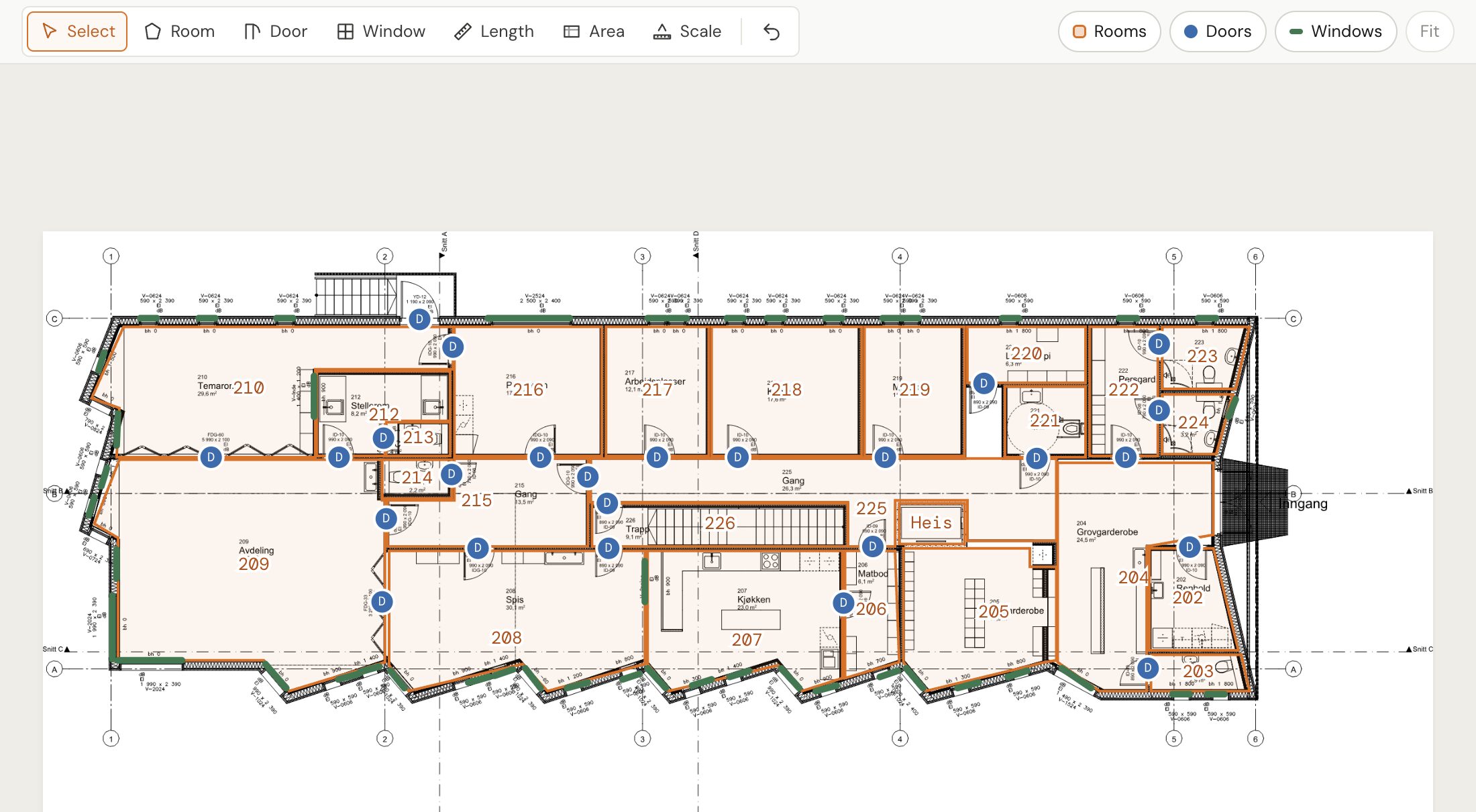 COXIT Room Takeoff on a kindergarten floor plan, with rooms outlined in orange, doors marked with blue tags and windows in green, all found by AI.