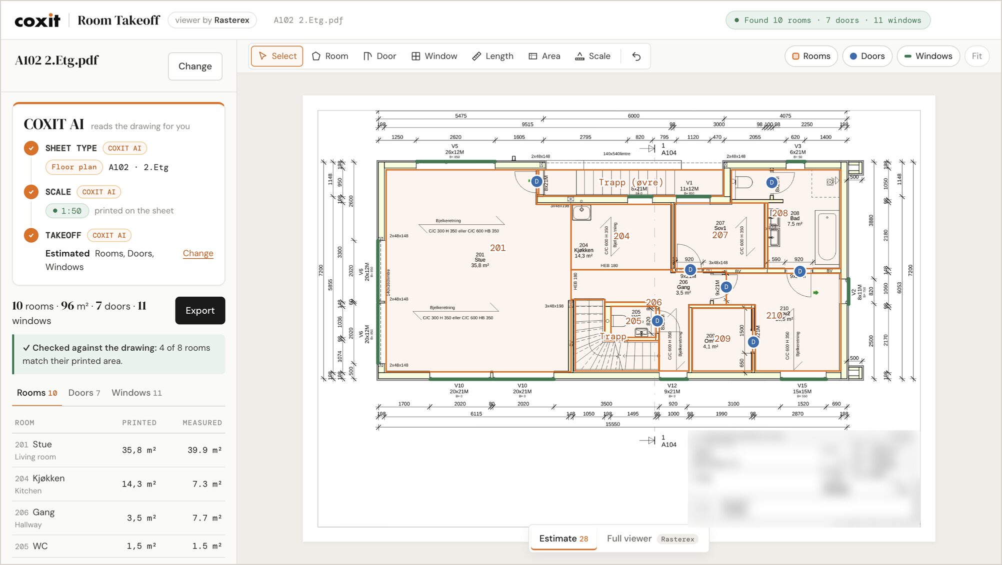 COXIT Room Takeoff on a residential floor plan. The tool identifies the sheet as a floor plan, reads the 1:50 scale, and marks 10 rooms, 7 doors and 11 windows, with printed and measured room areas listed side by side.