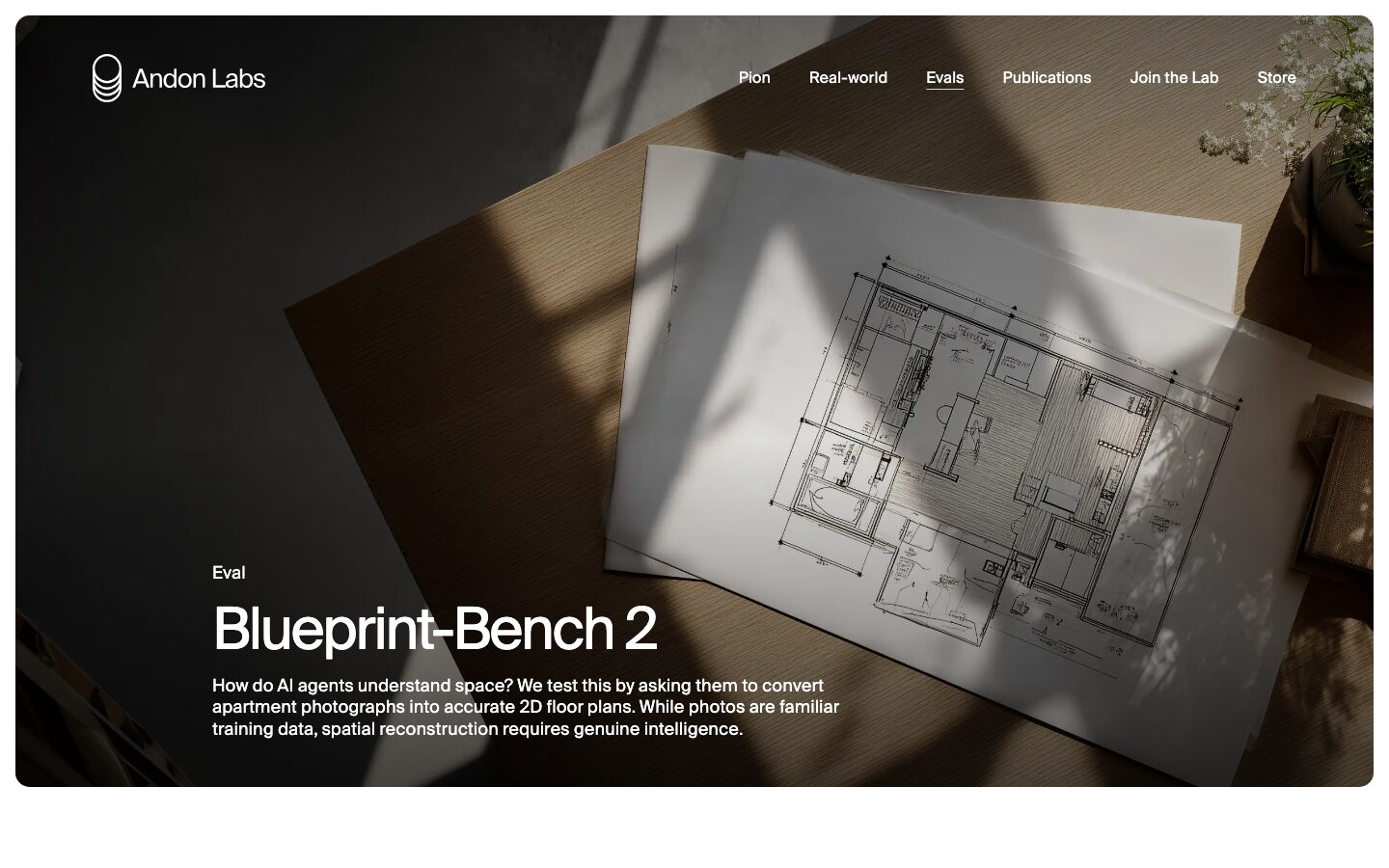 Blueprint-Bench 2 page by Andon Labs: AI models convert apartment photos into 2D floor plans.