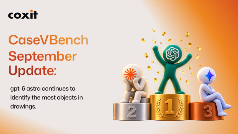 CaseVBench September update: GPT-6 Astra continues to identify the most objects in drawings, shown as three AI model figures on a winners' podium