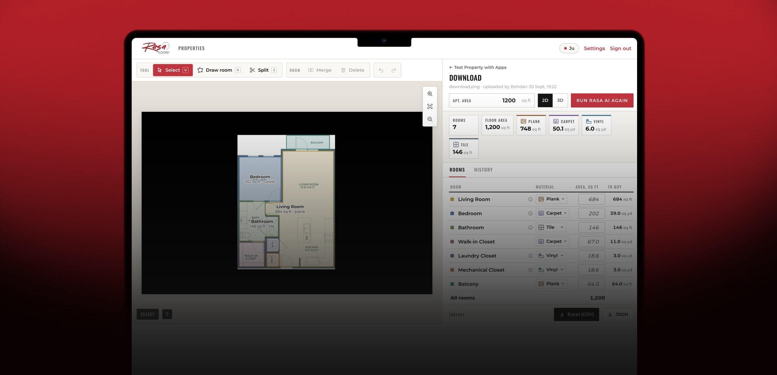 Rasa Floors measurement tool on a laptop: a 2D floor plan with each room outlined and measured, and a table of room areas and flooring materials