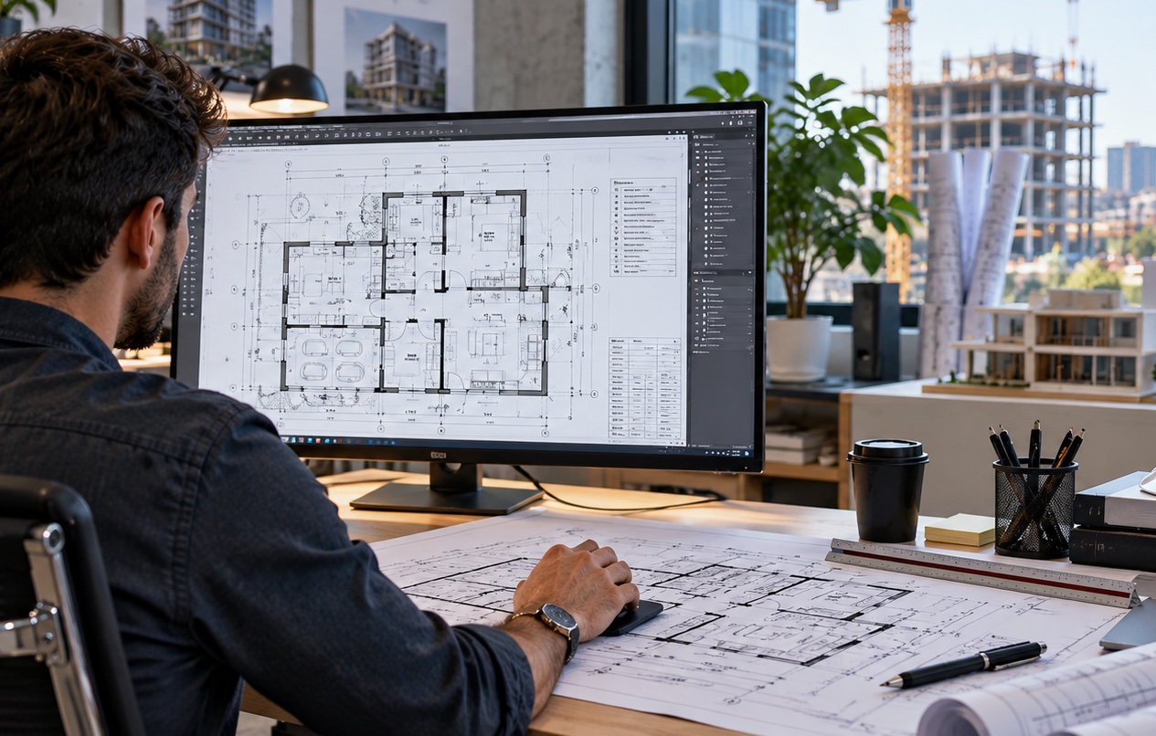 Engineer reviewing an architectural floor plan on a monitor, with printed drawings on the desk